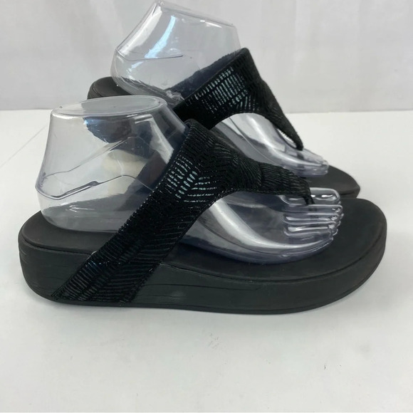 Skechers Womens 9 Black Shimmer Thong Platform Sandals - Picture 1 of 7